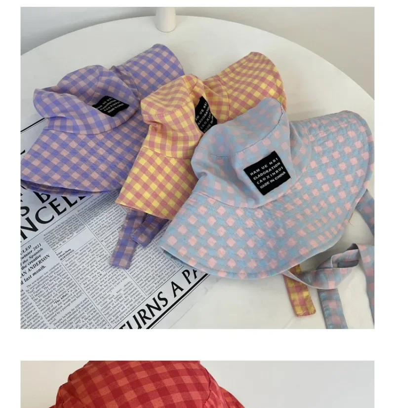 Ins Blogger Retro Plaid Tie Strap Eimer Hut Frauen Sommer Reise Vielseitig Fischer Hut Mädchen Mode Beliebte Breite Krempe Sonne Kappe – Detail 13