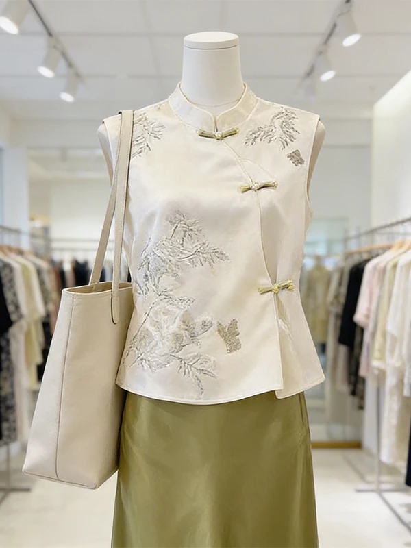 

Offline Store plus Size New Chinese Style Button Embroidery Sleeveless Top Draped Skirt Two Piece Set Women's Fashion Ensemble