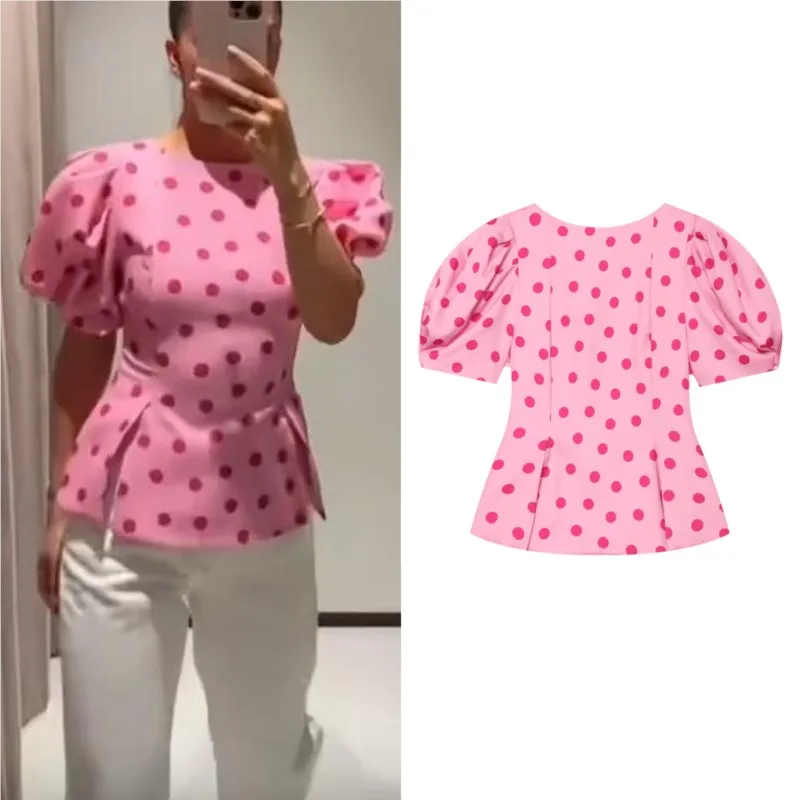 

Women's Polka Dot Blouse 2026 New Summer O Neck Puff Short Sleeve Pleats Top Casual Fashion Female Sweet Tops