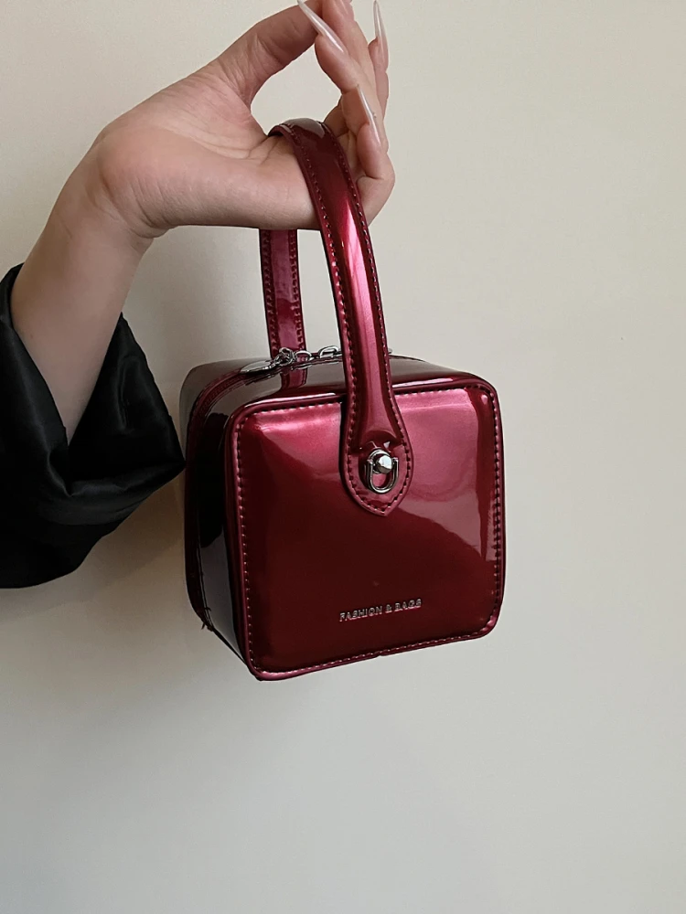 

New Luxury Burgundy Box Bags Women Korean Retro Glossy PU Single Shoulder Crossbody Bags Exquisite Fashion Mini Lipstick Bag