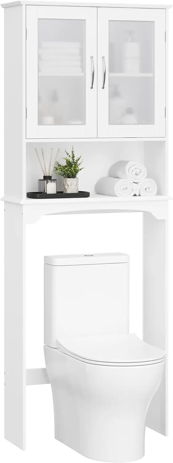 

Over The Toilet Storage Cabinet with Double Tempered Glass Doors and Adjustable Shelf, Freestanding Bathroom Storage Rack, 66