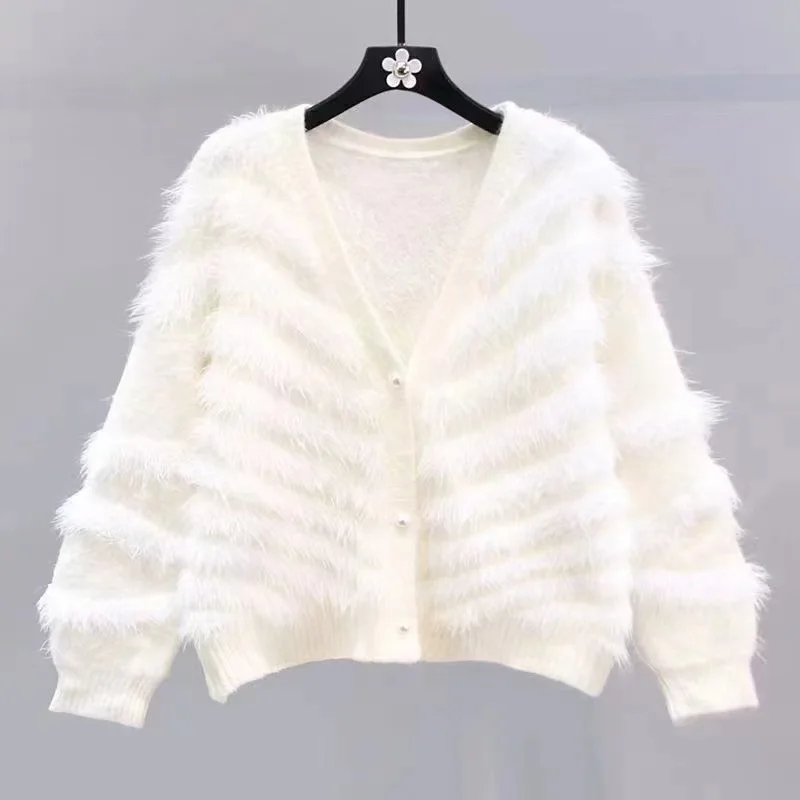 Autumn Long Sleeve Knitted White Cardigan Warm V Neck Sweater Winter Vintage Fluffy Mink Cashmere Cardigan Women Coat Women tops