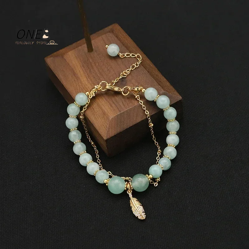 Green Jade Bracelet For Women Exquisite Gold Color Leaves Wrist Strap Bangle Double Chain Bracelet Girls Gifts