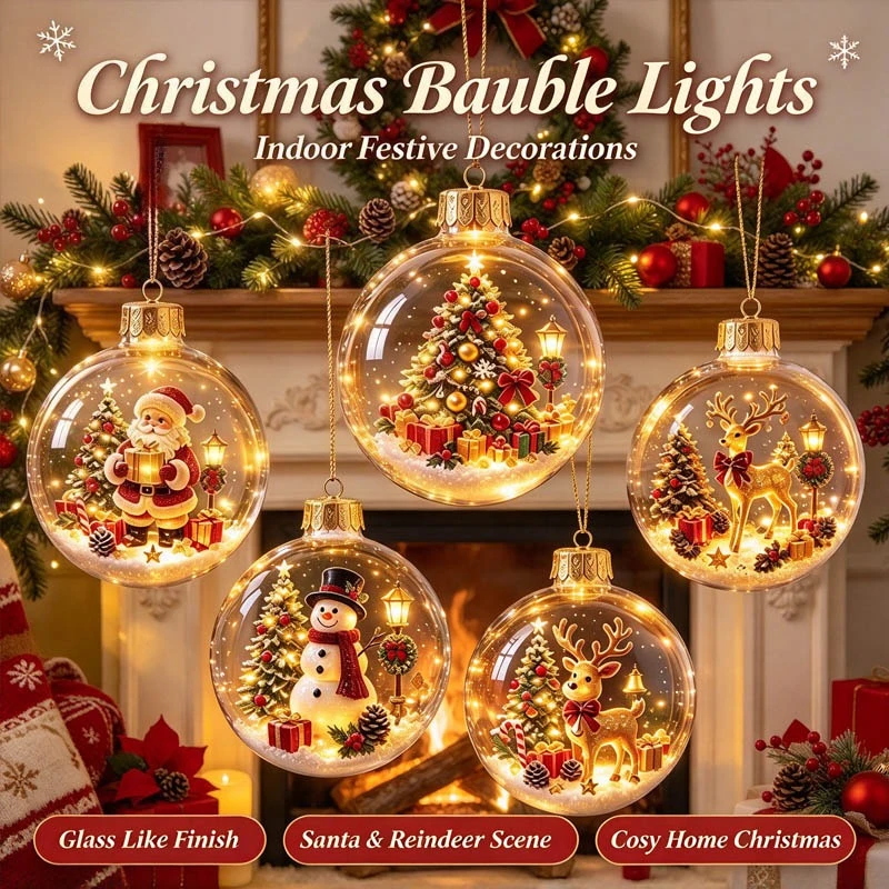 Lighted Transparent Christmas Ball Ornament Acrylic Plastic Clear Bauble Exquisite Cartoon Style Holiday Home Party Decor Usage