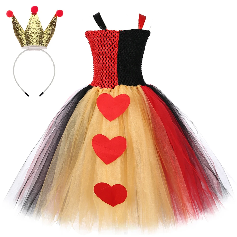 Red Queen of Hearts Long Dresses for Girls Christmas Halloween Costumes Kids Xmas Carnival Outfit Full Length Tutus with Crown