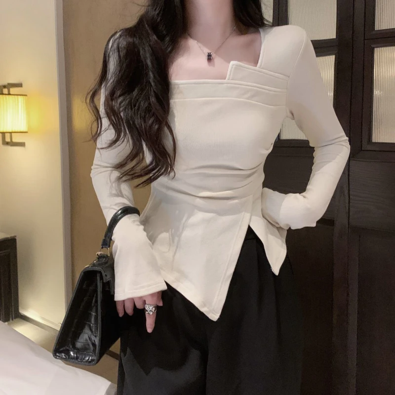 Irregular T-shirts Women Square Collar Long Sleeve Side Slit Short Tops Spring Autumn Pleated Flattering Waist Hotsweet Stylish