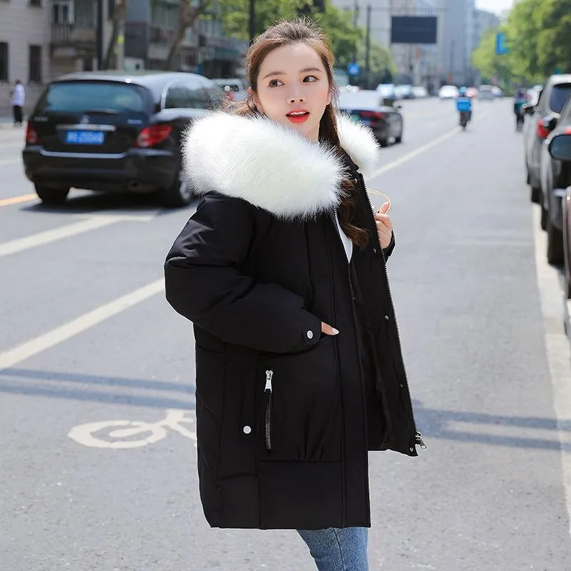 New Women Down Cotton Coat Winter Jacket Female Mid Length Version Parkas Thick Warm Outwear Hooded Fur Collar Overcoat