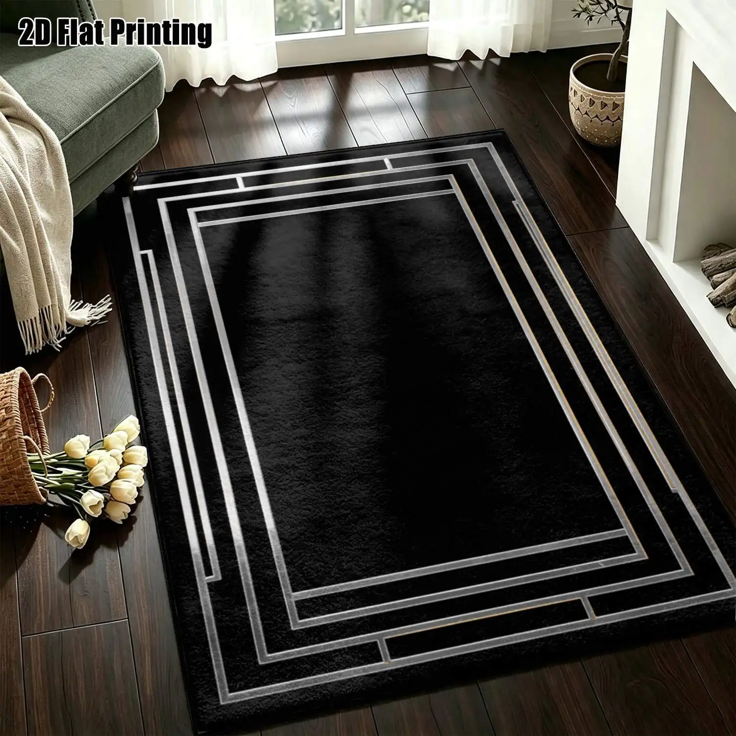 1Pc 2D Printed Carpet: Black Base, Silver Edges, Geometric Lines Nordic/Modern Minimalist/European Style, Perfect Home Decor, Multi-Size, Machine Washable, for Entryway, Dining Room, Foyer, Bedroom, Living Room.