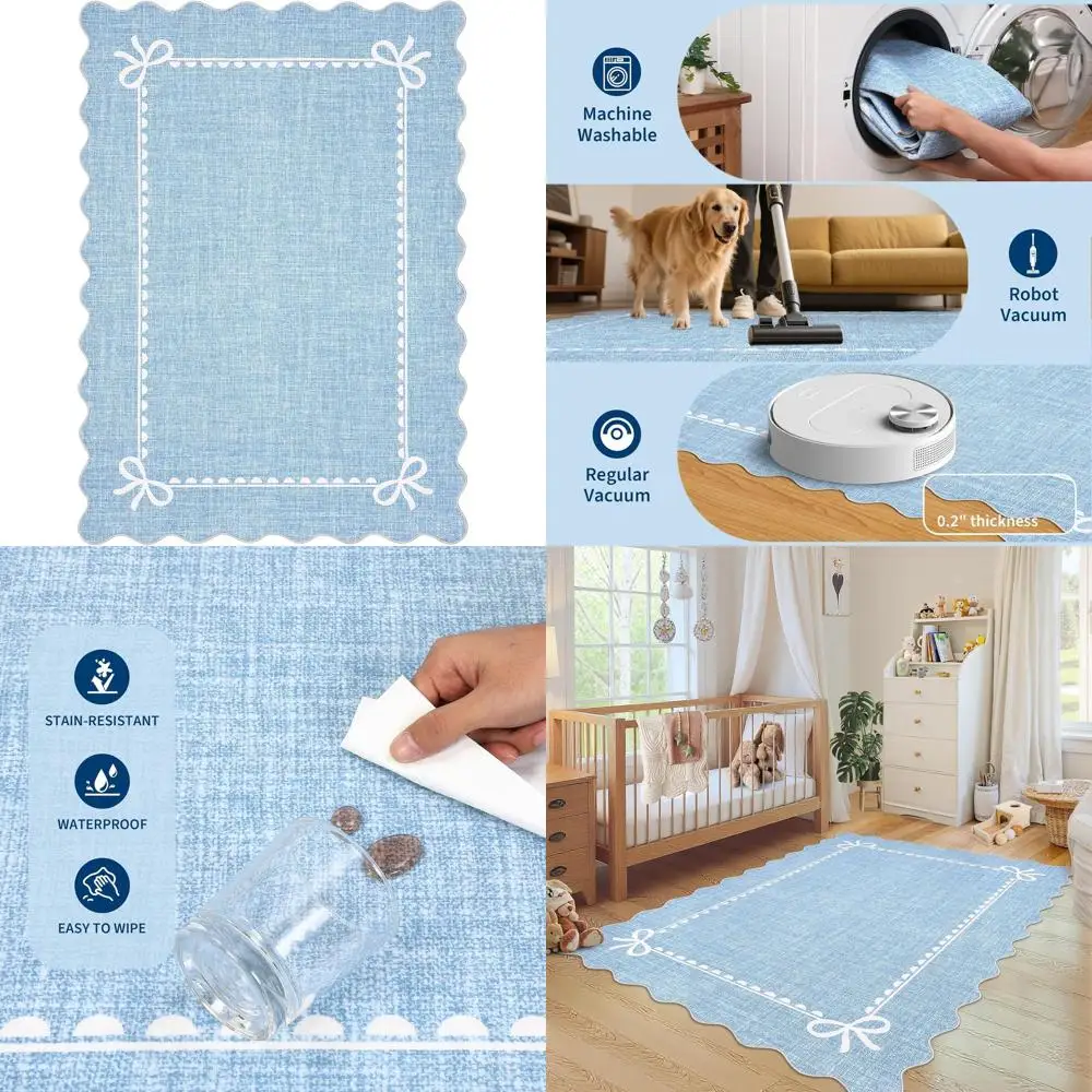

Ковер с фигурным краем для гостиной, однотонный синий ковер для общежития, моющиеся ковры 5x7 с мягким низким ворсом, нескользящие ковры с фигурным краем для детской комнаты