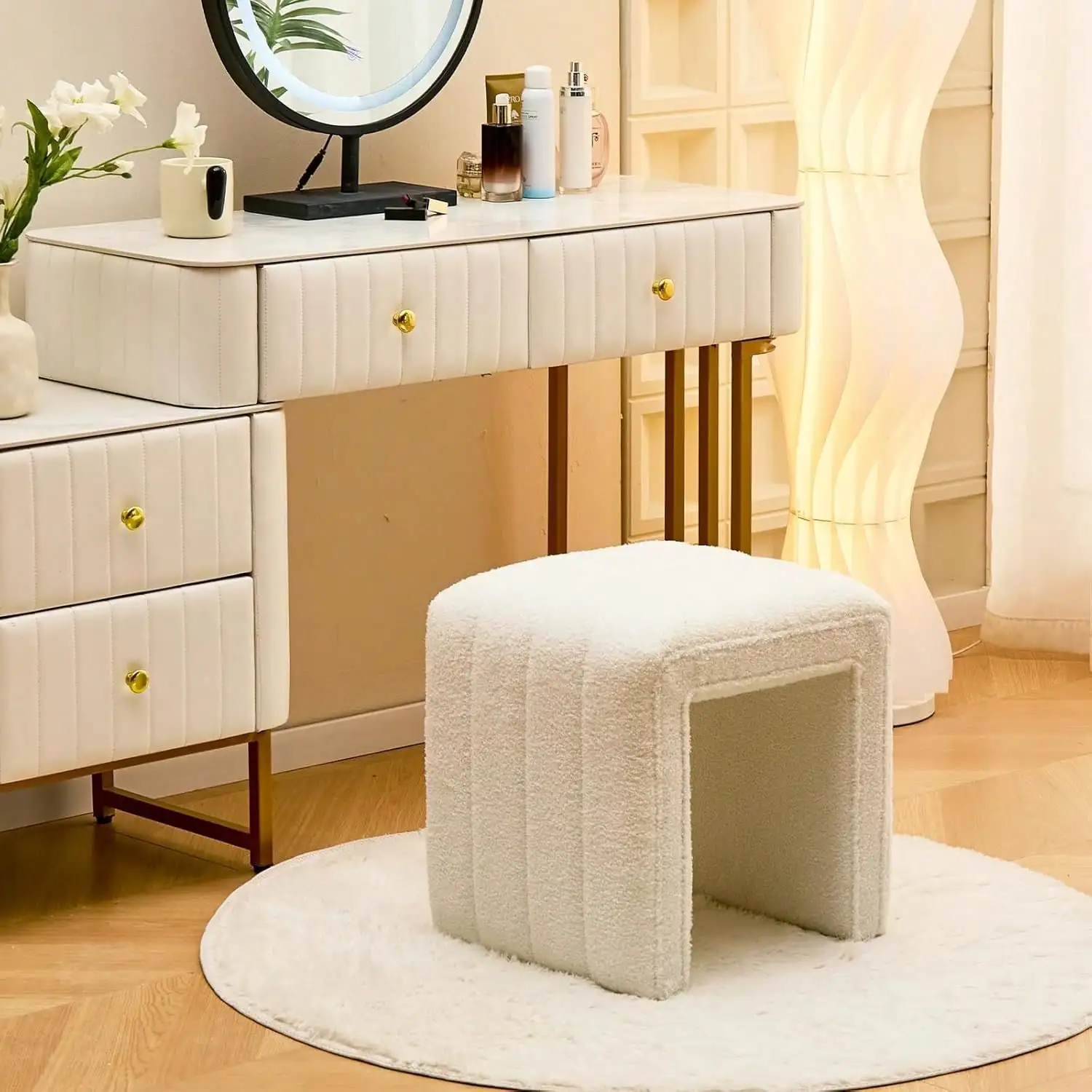 Modern Teddy Velvet Ottoman Footrest, Vanity Stool, And Shoe Bench For Makeup Room, Living Room, Entryway(White)