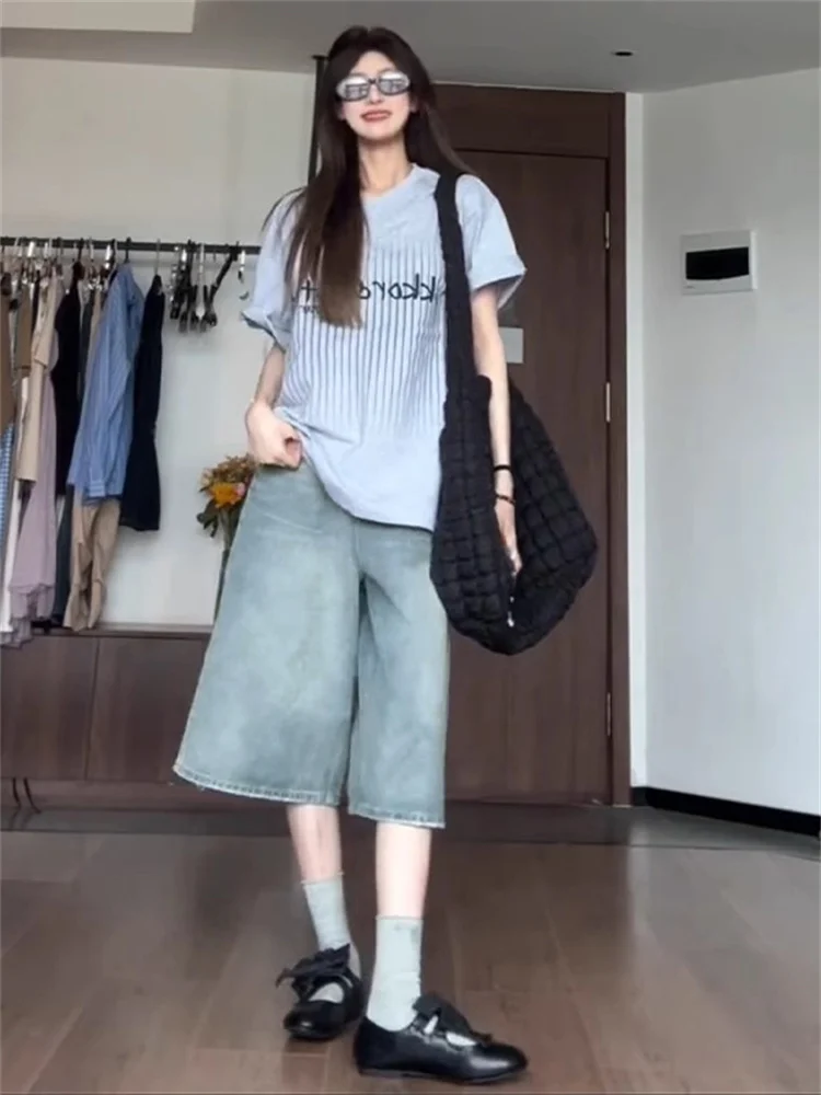 High Waist Wide Leg Jeans Shorts Women's Spring Thin Straight Loose Fit Slimming Versatile 7/8 Length Trendy Shorts