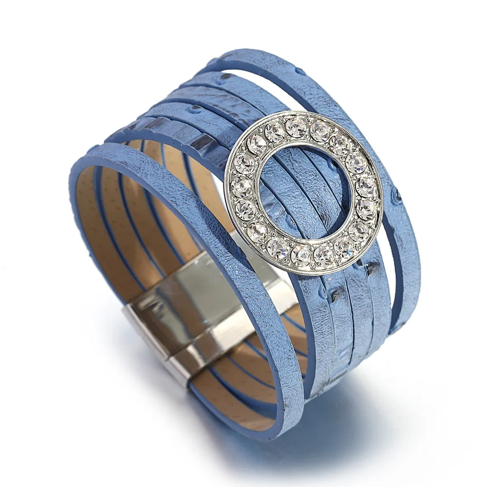 ALLYES Vintage Inlaid Rhinestone Leather Bracelet for Women Boho Printing Multilayer Wide Wrap Bracelets Charm Chunky Jewelry