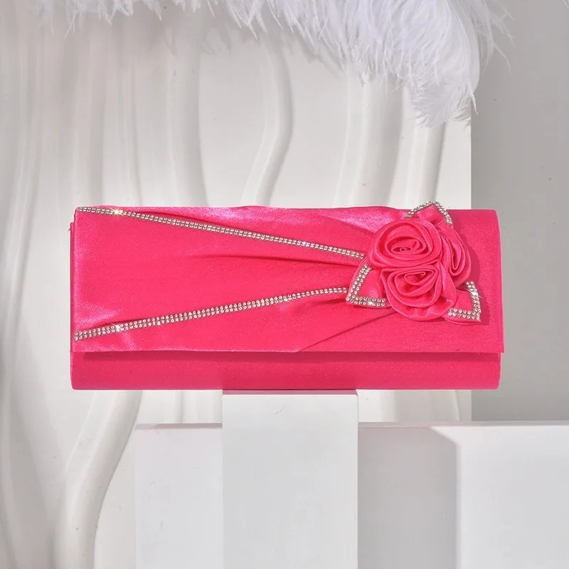 

Hot Pink Satin Long Square Purse Women 3D Rose Appliques Banquet Handbag Evening Bag Elegant Pleated Wedding Party Clutch Bag