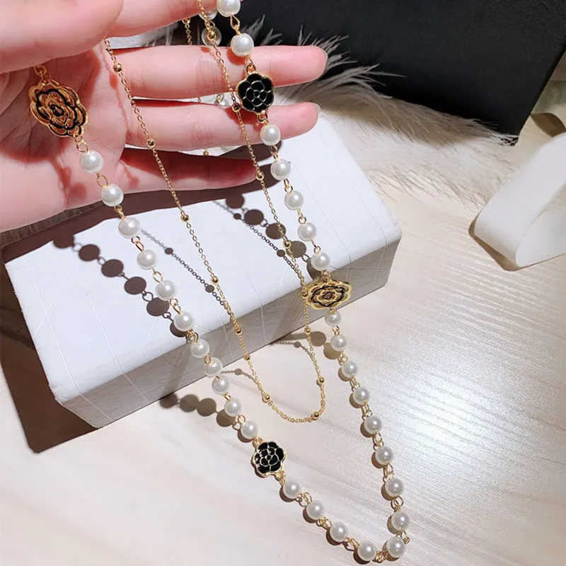 Luxury Brand Classic Camellia Flower Necklace Imitation Pearl Double Layer Necklace for women\'s clothing Long Rose Sweater Chain