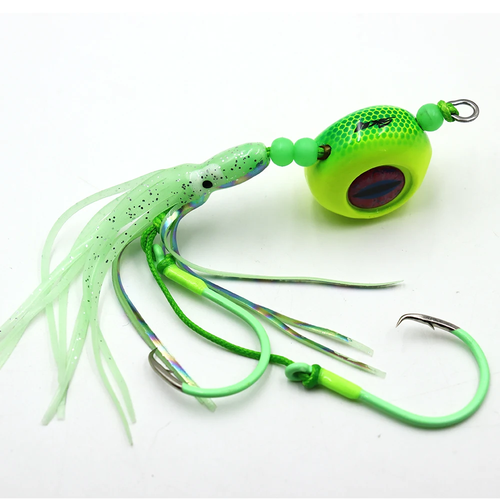 ZYZHE 1 Stück Meeresangel-Hybrid-JIG 120G 150G 200G mit leuchtendem Weichköder, Doppelringhaken, Bootsfischköder, Angelköder – Detail 7