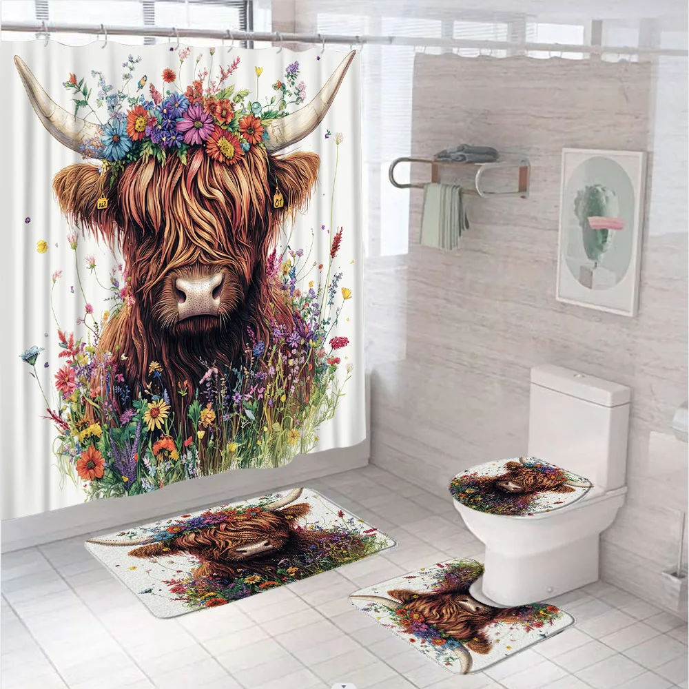 Farmhouse Cow Shower Curtain Set Rustic Funny Highland Cattle Wildflower Animal Wooden Board Bathroom Bath Mat Rug Toilet Cover