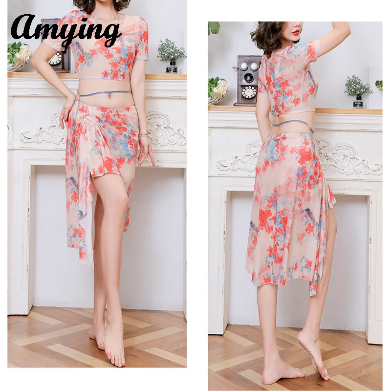 Women Sexy Top+Split Skirt Costume Set Oriental Dance Practice Training Performance Floral Clothing Beautiful Flower Skirt