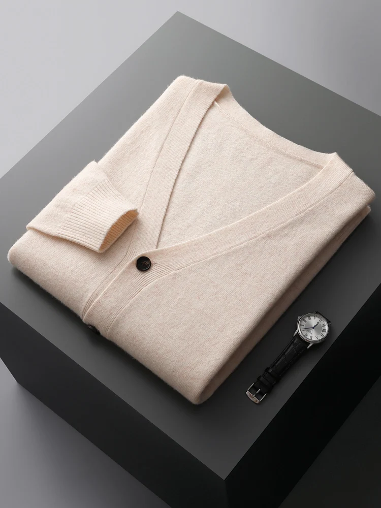 MVLYFLRT 100% Pure Merino Wool Sweater Jacket Men\'s V-Neck Cardigan Autumn Winter New Solid Color Top Casual Basic All-Match