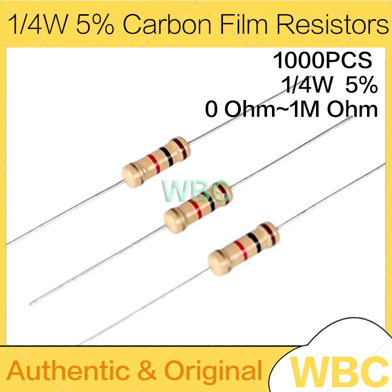 

1000 шт. углеродных пленочных резисторов 5% 1/4W 0.25W, 1R~1M, 0R, 10R, 100R, 220R, 330R, 1K, 2.2K, 4.7K, 10K, 22K, 47K, 100K, 220K, 470K Ом