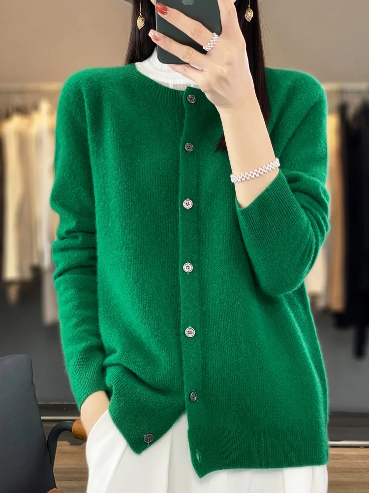 Maglioni lavorati a maglia da donna in Cashmere a maniche lunghe 100% pura lana Merino primavera autunno o-collo Top Cardigan senza connessione una