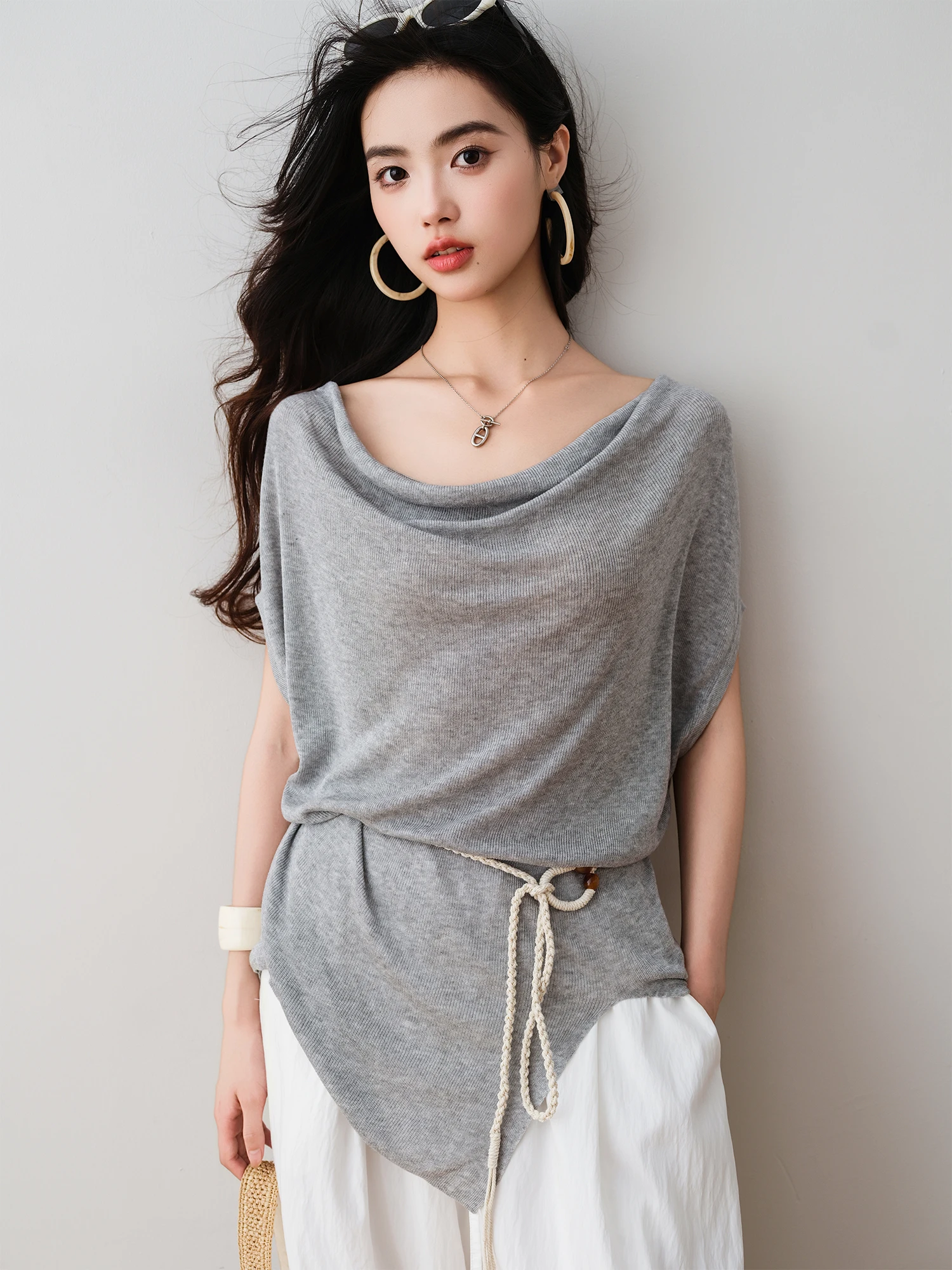 

Ronron Asymmetrical ort Sve T-irt Waist Cinching Ne Swinging Design Summer New Sle Korean Commute Sle Loose Fit