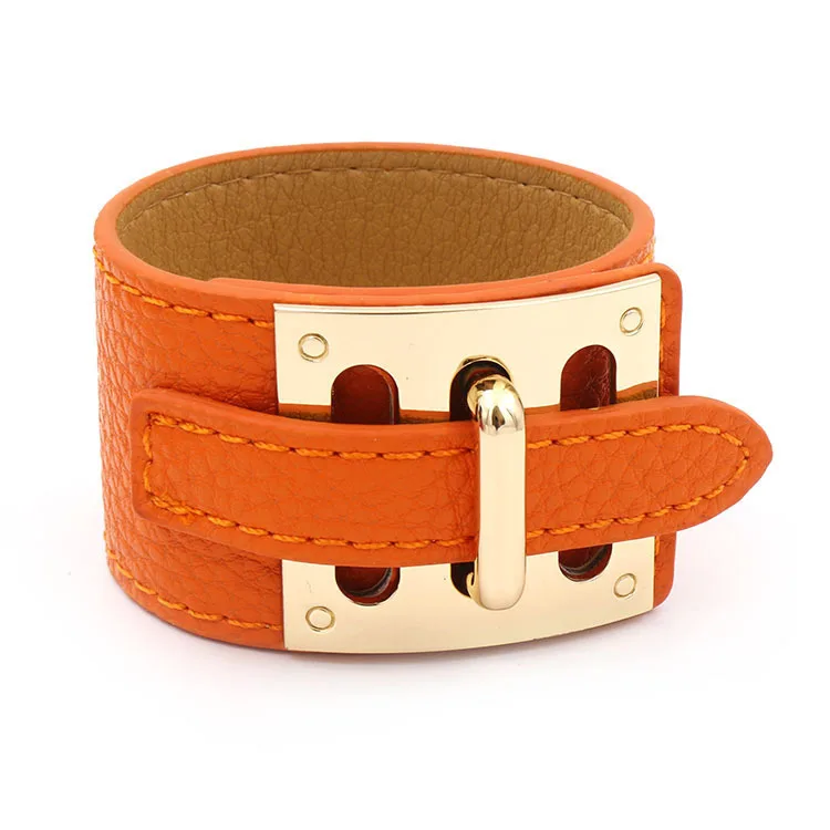 

Women Cuff Leather Bracelets Orange Bangles Simple Steel Lock Design Wide Charm Bracelets Punk Female Jewelry