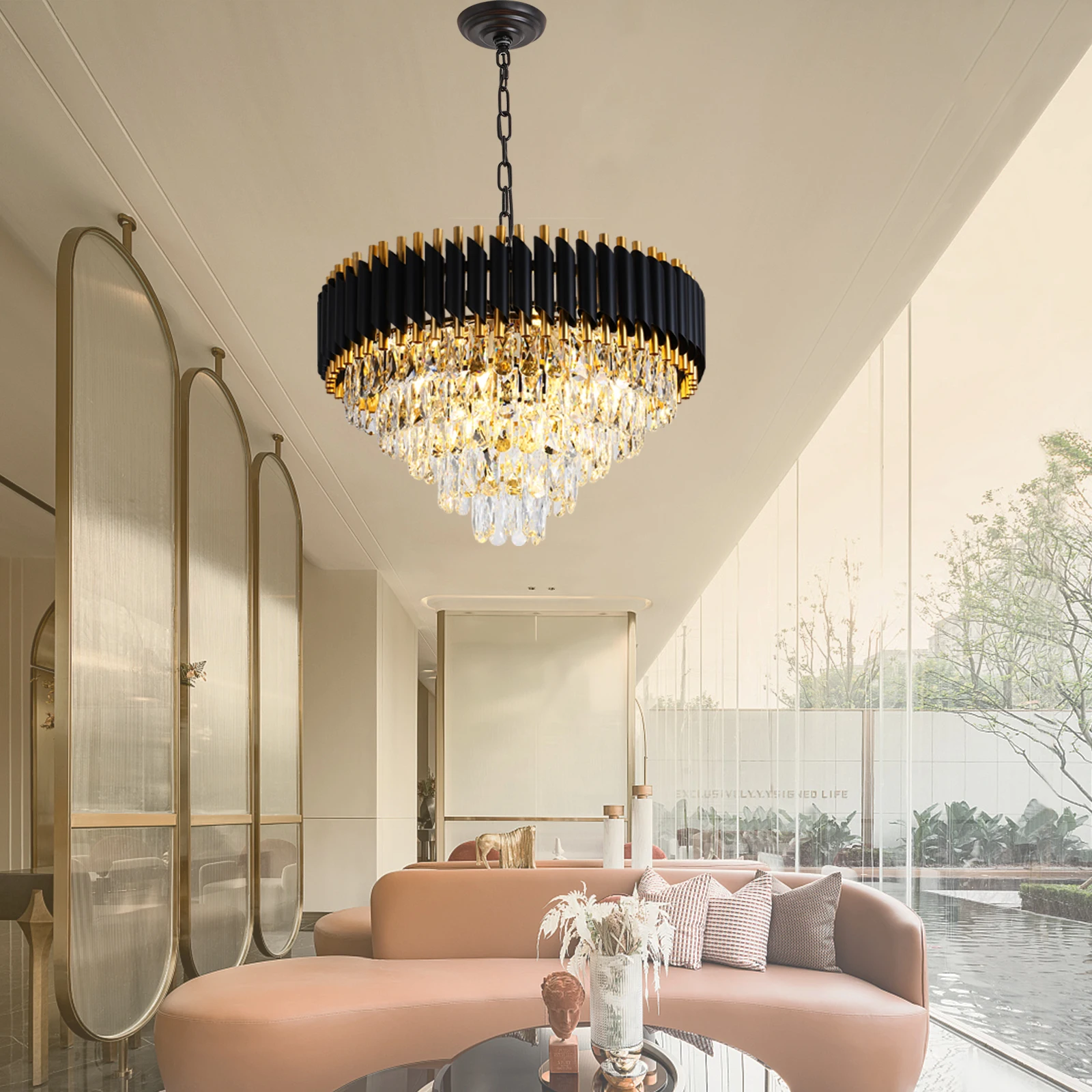 Modern Crystal Chandeliers 5-Tier K9 Round Black and GoldCrystal Chandeliers Light Fixture 12 Lights