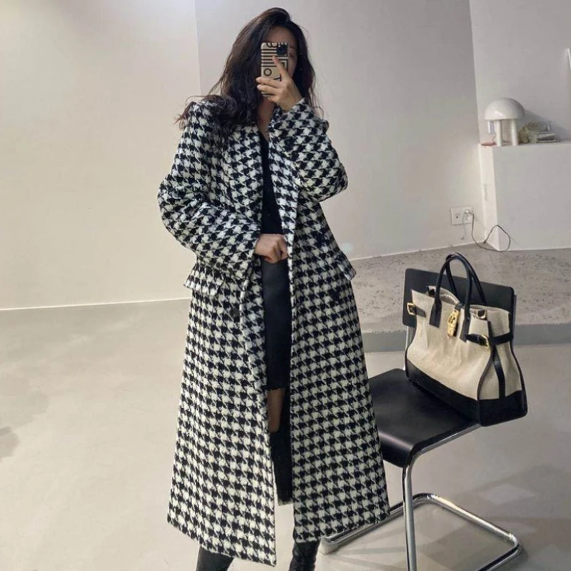 Houndstooth Blends Women Long Coats Vintage Elegant High Street Autumn Winter Stylish French Version Notched Clothing for Ladies