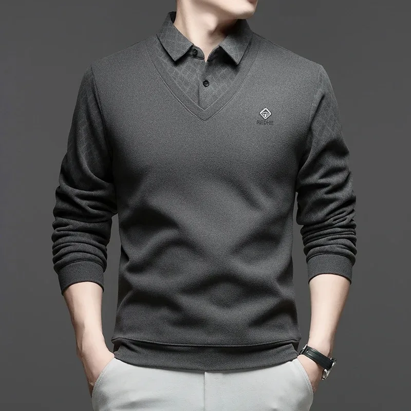 

Luxury brand embossed men's sweater fashion fake two pieces high end plush warm new trend comfort business casual lapel pullover