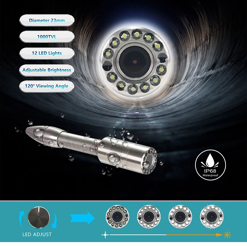 Cámara de drenaje para tubería endoscópica industrial, Cable de 20m, cámara de inspección de alcantarillado de 7mm y 5mm de diámetro, 70m