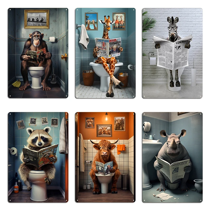 Raccoon Zebra Chimpanzee Funny Giraffe on the Toilet Bathroom Wall Art Metal Decoration Cinema Garage Party Tin Sign Posters