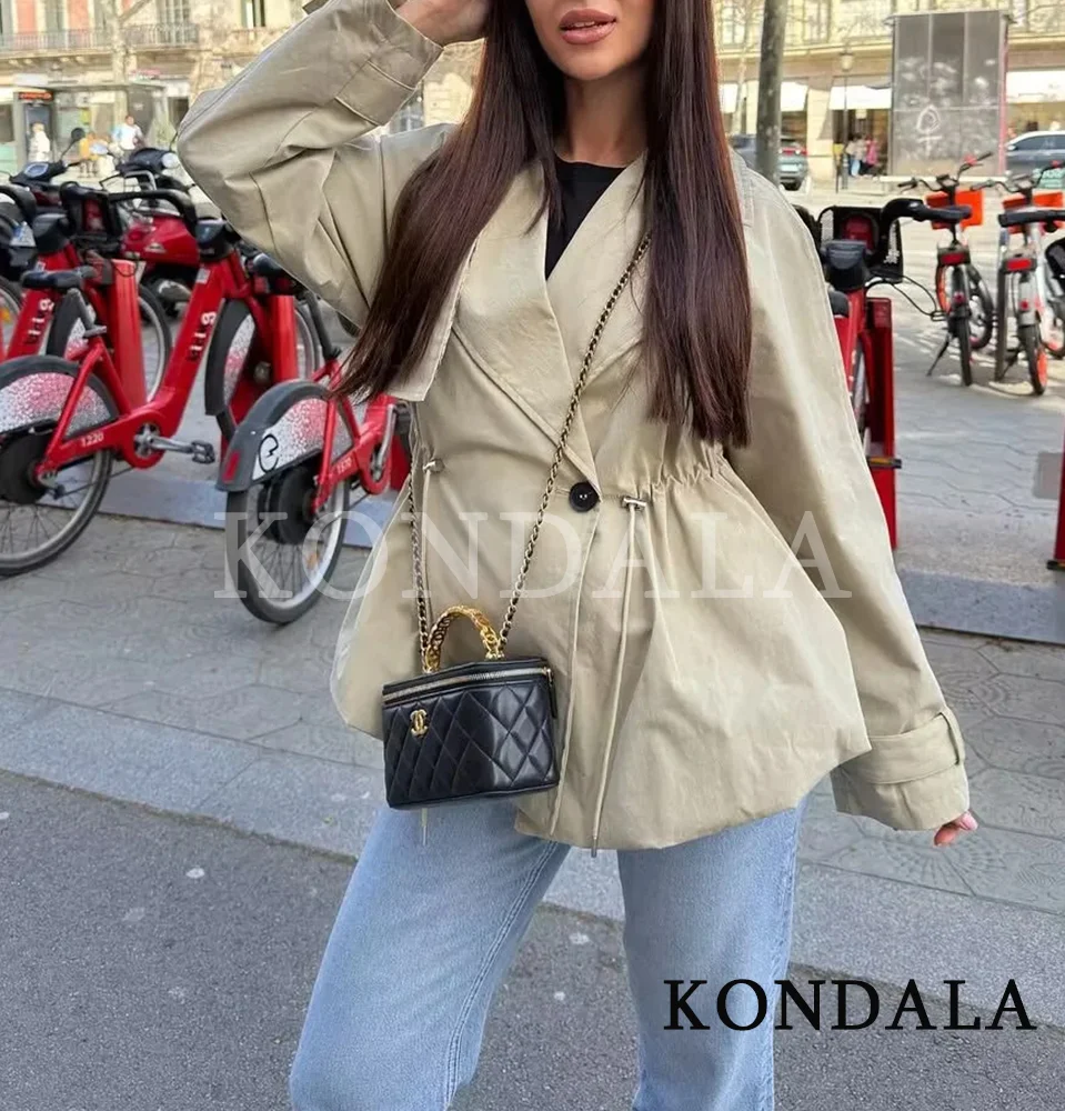 KONDALA Women Streetwear Casual Trendy Short Trench Coat Lapel Sashes Jacket New Fashion 2026 Spring Summer Commute Mujer Jacket