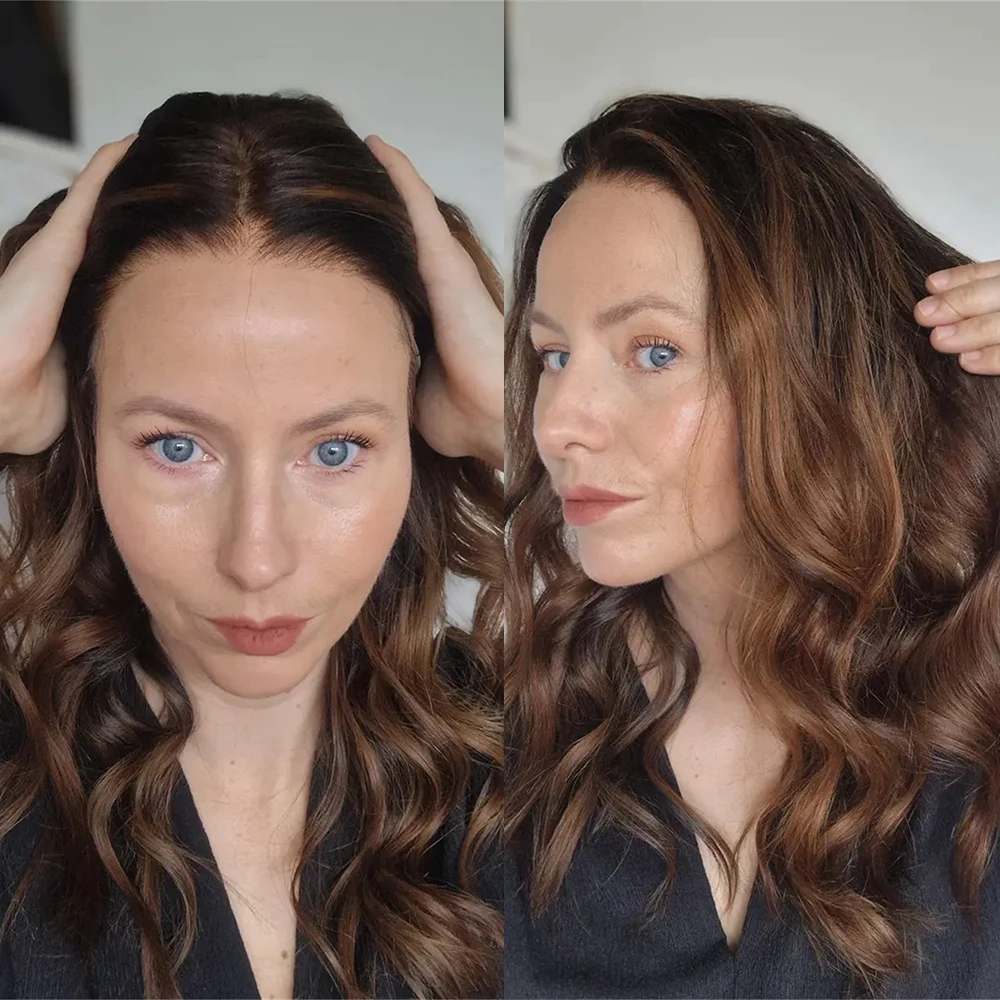 

Glueless Wig Warm Brown Caramel Balayage Lace Front Wig 13x4 Heat Friendly 18" Loose Wave Synthetic Full Wig for Women Wear&Go