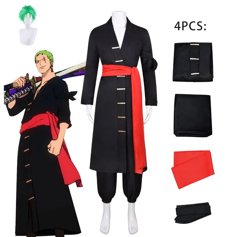 Roronoa Zoro Anime Cosplay Costume pour hommes, pantalon noir, ceinture, perruque, vêtements d'Halloween, ensemble complet, bretelles de bras, MS17Anthr