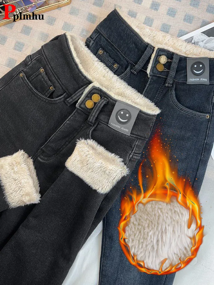 Warme Lamwol Slanke Potlood Jeans Dames Skinny Pluche Vaqueros Vintage Hoge Taille Dikke Fleece Denim Broek Casual Fluwelen Legging