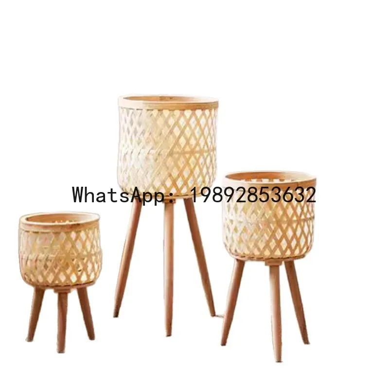 

XL4-1 solid wood rattan flower stand, living room sofa side few floor-to-ceiling bamboo woven shelves, corner balcony flower