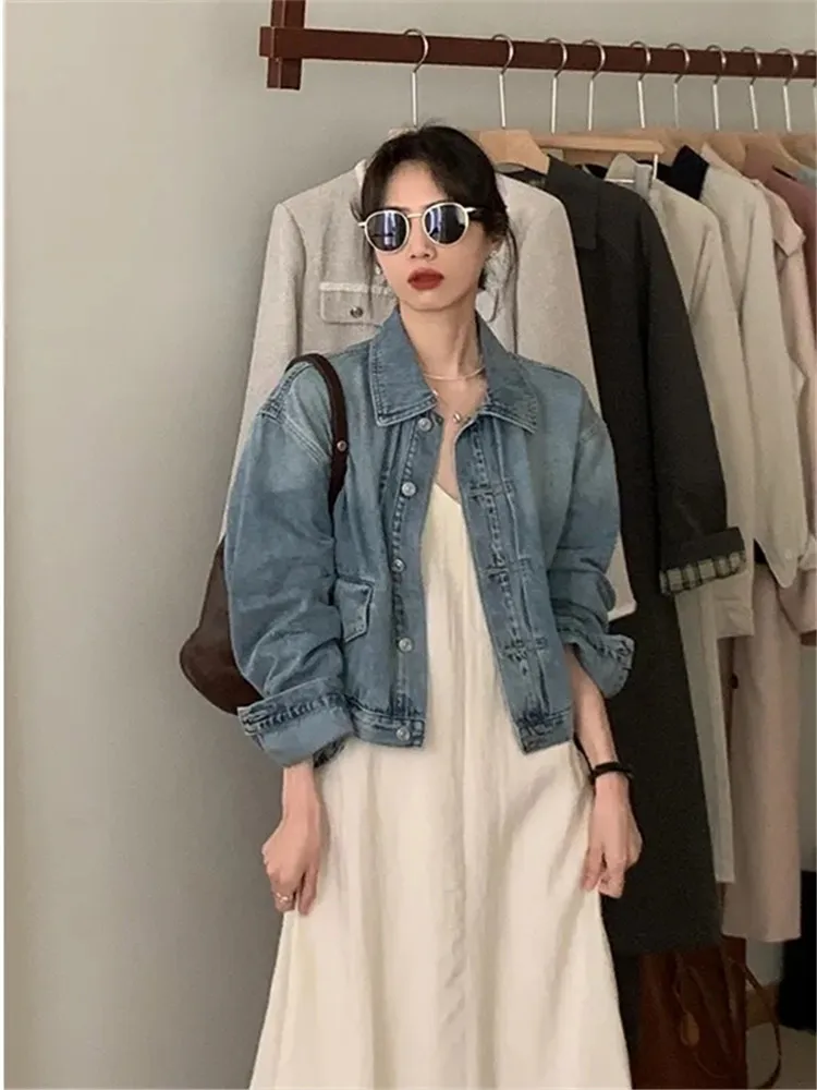 Streetwear Short Denim Jacket for Women 2023 Spring Fall Lapel Single Breasted Harajuku Casual Female Clothes Jean Coat Chaqueta