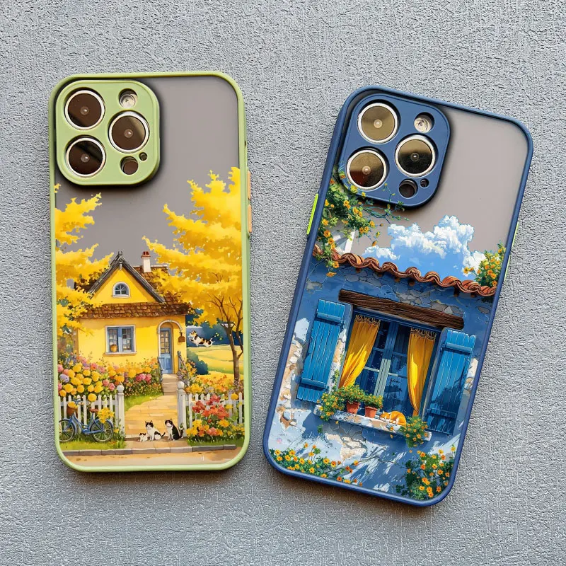 Coque de téléphone paysage de scène de maison de Villa de vacances pour iPhone 16 12 13 14 11 15 Pro Max Mini Plus XR XS X 7 8 étui de paysage de dessin animé