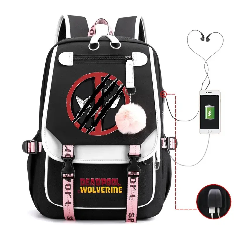 

Deadpool Wolverine Logoj Backpack Teenarges Schoolbag Childen USB Laptop Bag Mens Fashion Mochila Rucksack Travel Outdoor Bags