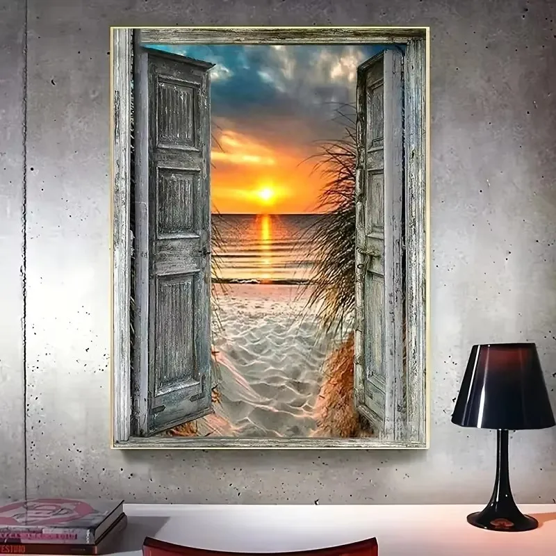 

New DIY Handmade Diamond Painting Round Diamond Full Diamond Living Room Bedroom Painting Door Leading To The Sea Frameless