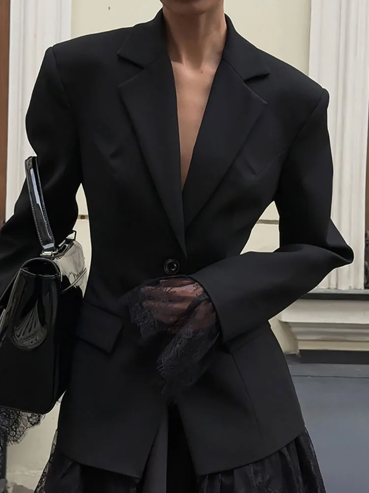 

Элегантная офисная верхняя одежда на пуговицах, осенний черный кружевной лоскутный пиджак, модная уличная женская куртка с длинными рукавами