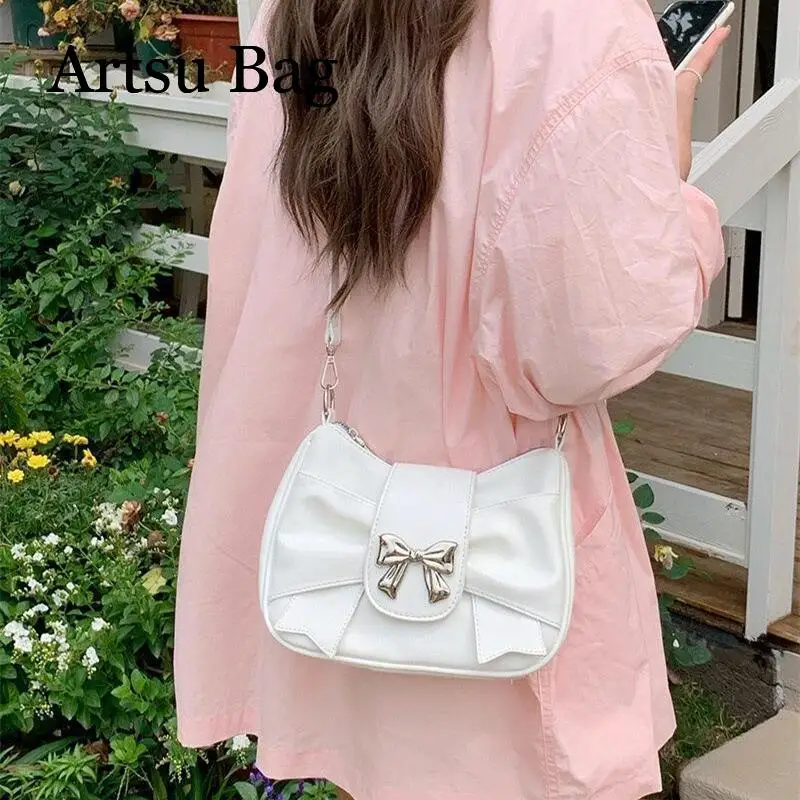 Underarm Bag for Women 2024 New Fashion Trendy Small Square Shoulder Bag Versatile White Crossbody Bag Girls Pleated Bow Bag