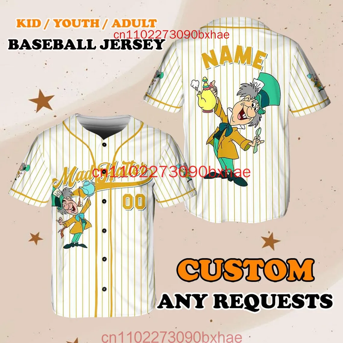 

Alice in Wonderland Mad Hatter Baseball Jersey Custom Disney Halloween Children's And Adult Sports Baseball Jersey T-shirts