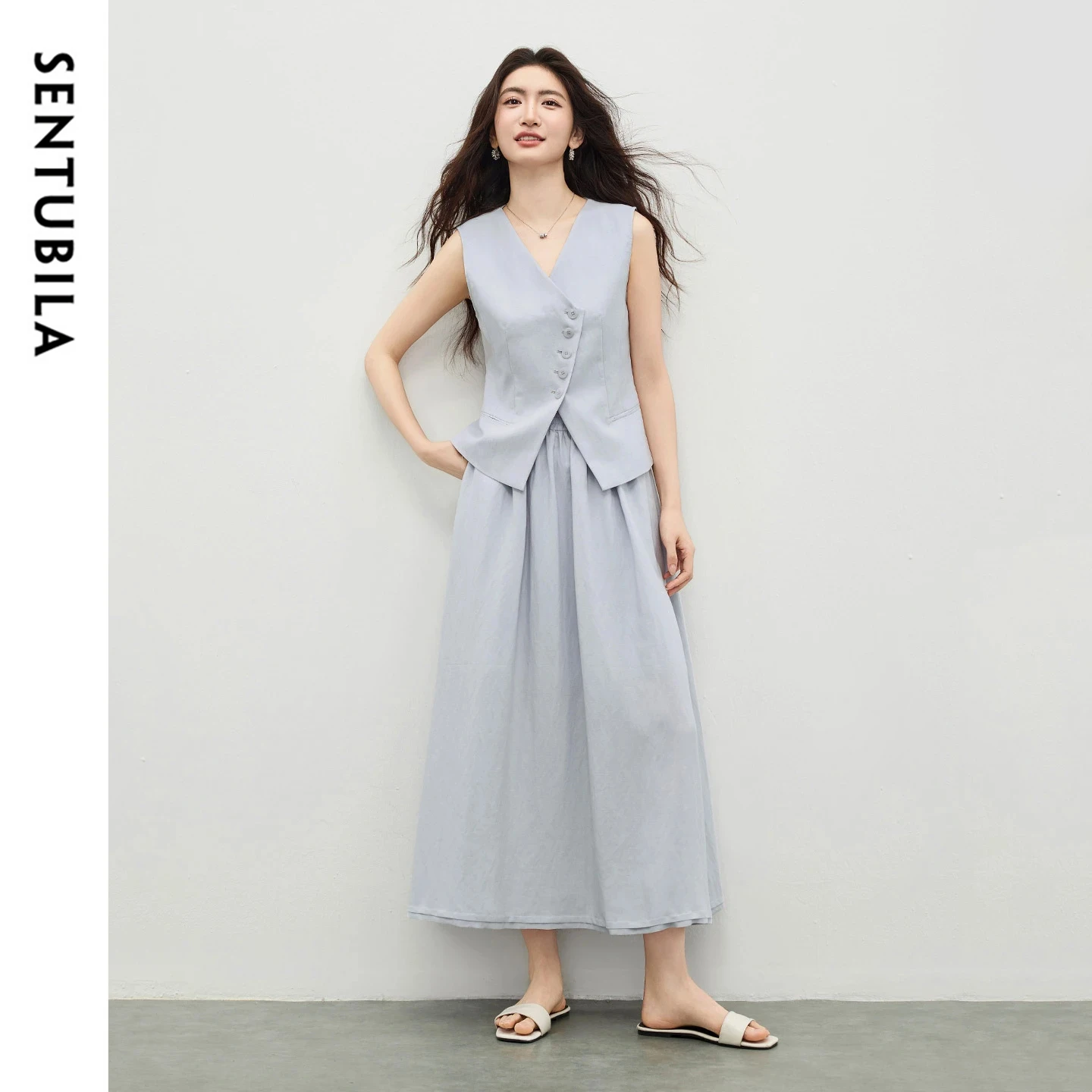 SENTUBILA Minimalist Office Skirt Set 2026 Summer V-Neck Asymmetrical Front Vest Elastic Waist A-Line Skirt 2 Piece 162ZC6195