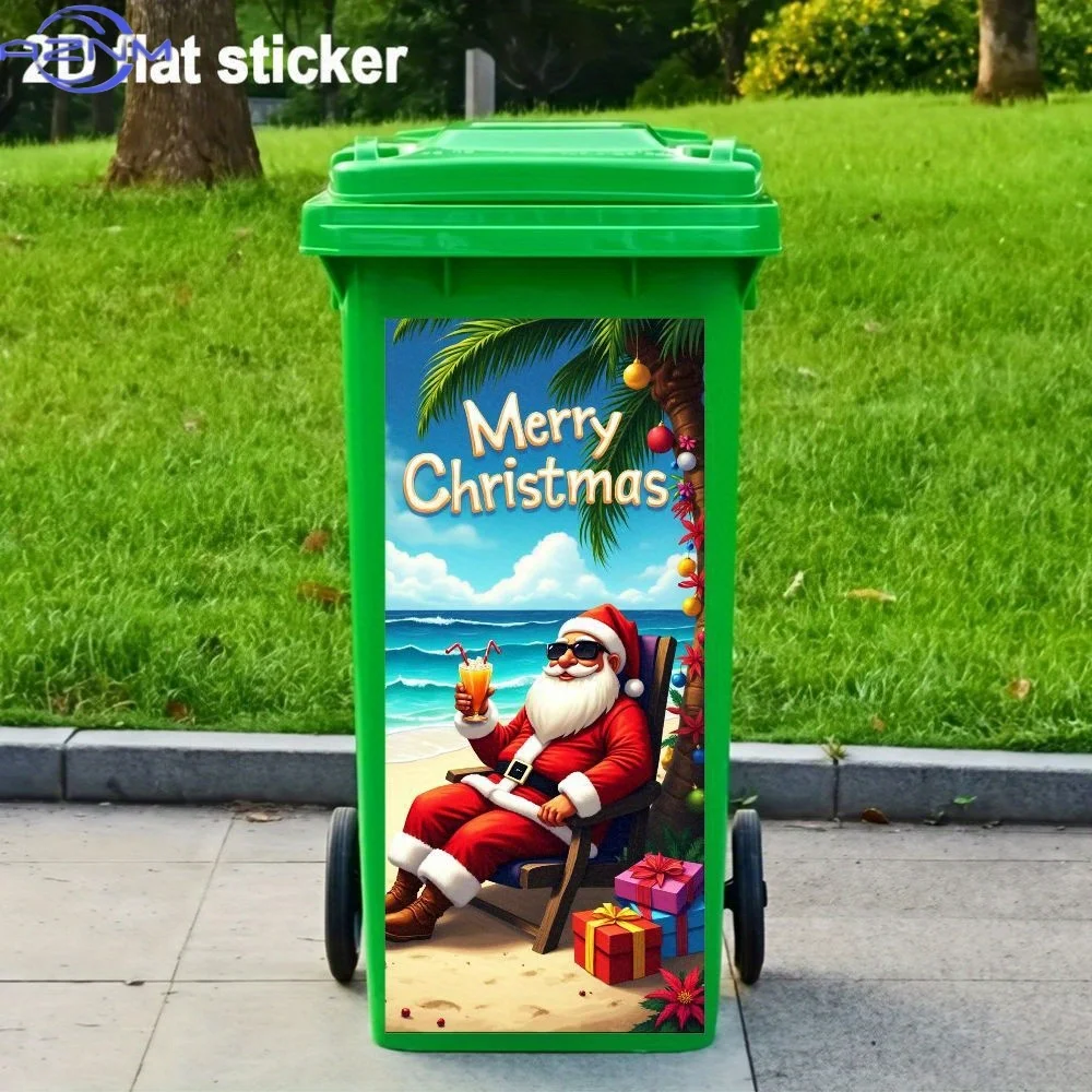 A Piece of 2D Flat Sticker Featuring a Cheerful Santa Claus Theme in a Beach Holiday Style, with The Words 'Merry Christmas'.