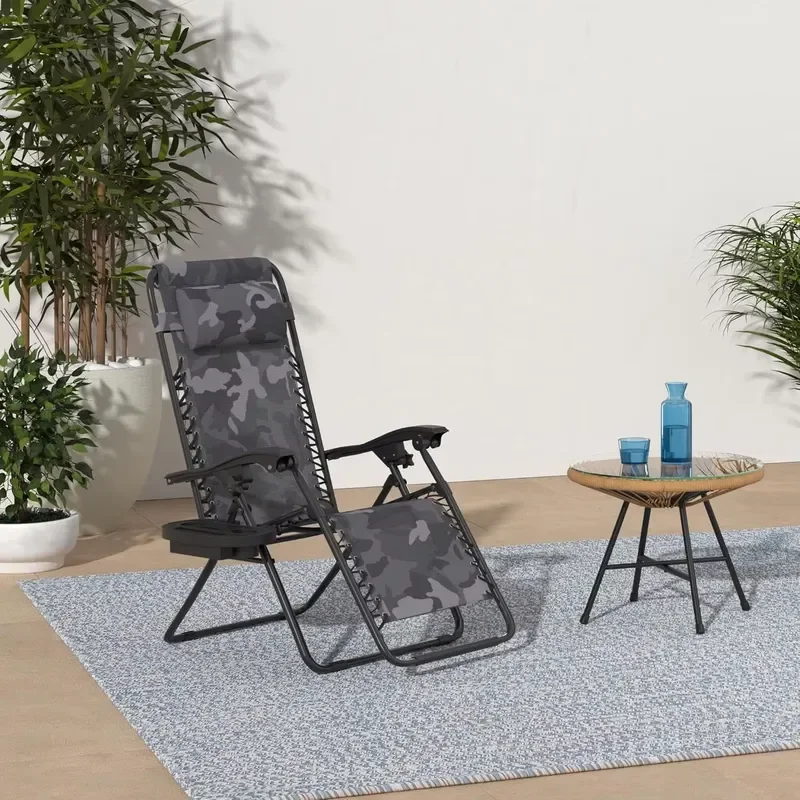 for Outdoor Adjustable Steel Mesh Zero Gravity Lounge Chair Recliner with Pillow Cup Holder Tray Camouflage Design