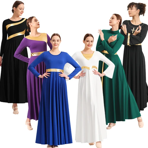 Vestido de baile de alabanza para mujer, vestido largo de columpio, adoración litúrgica, bata de iglesia, Ropa de baile lírico, empalme metálico, corte libre