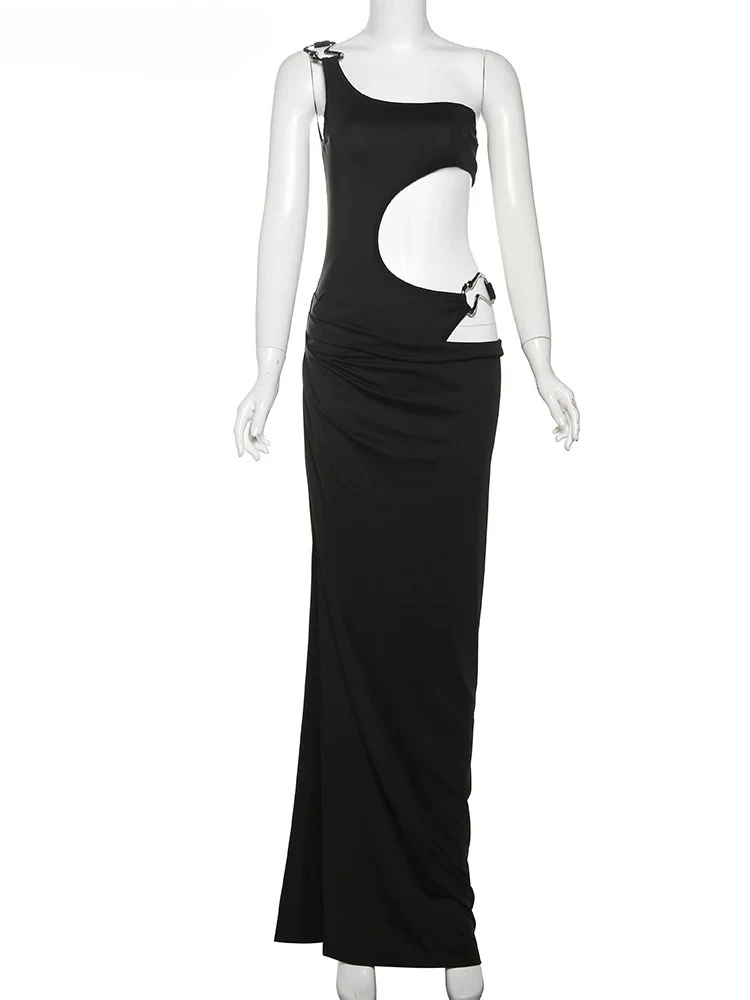Sukienka maxi bodycon z metalową klamrą, seksowna, damska, asymetryczna, z wycięciami, na jedno ramię, obcisła, marszczona w talii, bez talii, klubowa, na noc.