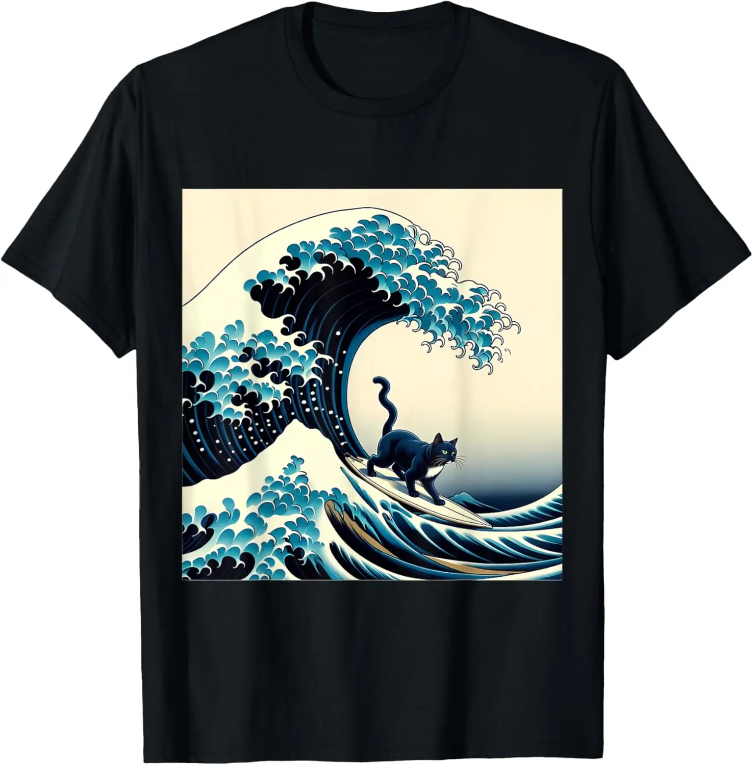 

Black Cat With Surf Surfing The Great Wave T-Shirt Anime Clothes Streetwear Mens T Shirts Graphic Camisas Oversized T Shirt