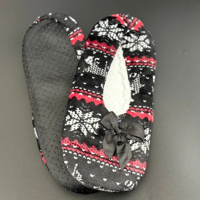 Weihnachten Hause Pantoffel Frauen Bogen Knoten Schneeflocke Winter Warme Dicke Pelz Grip Nette Lustige Innen Haus Flauschigen Weiblichen Boden Schuh